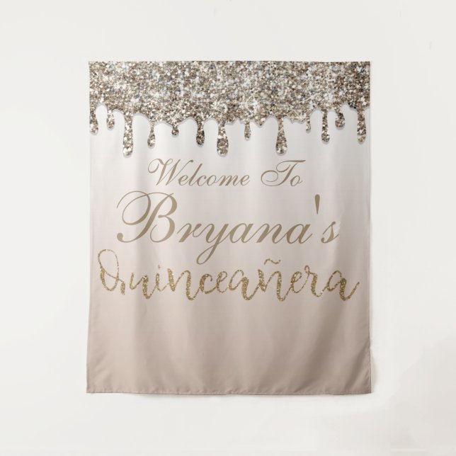 Champagne Gold Glitter Drip Quinceañera Backdrop Tapestry (Front)