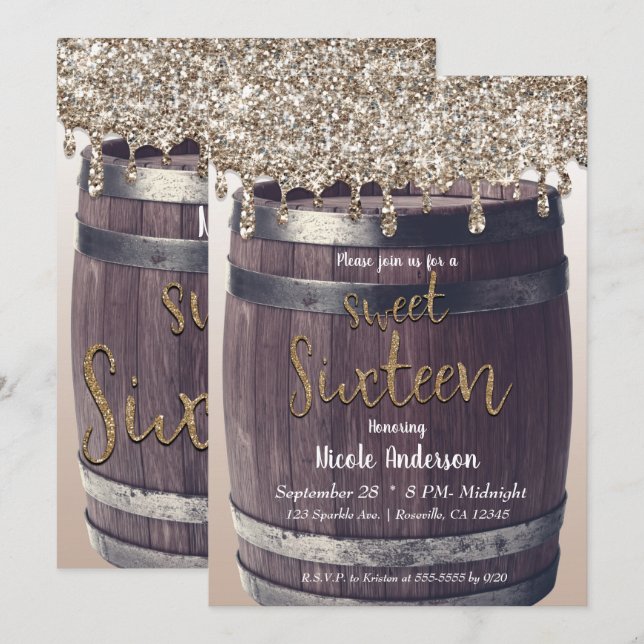 Champagne Gold Glitter Drip Rustic Sweet 16 Party Invitation (Front/Back)