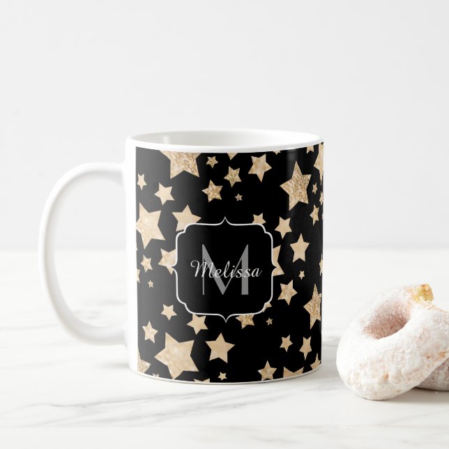 Champagne gold glitter sparkle Stars Monogram Coffee Mug (With Donut)