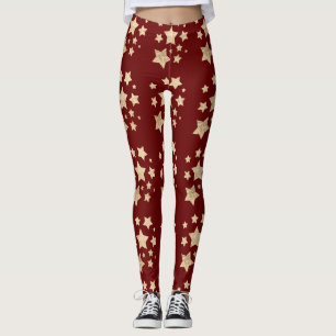 Champagne gold glitter sparkles Stars dark red Leggings