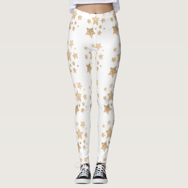 Champagne gold glitter sparkles Stars white Leggings (Front)