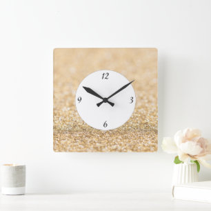 Champagne gold glitter sparkles with numbers square wall clock