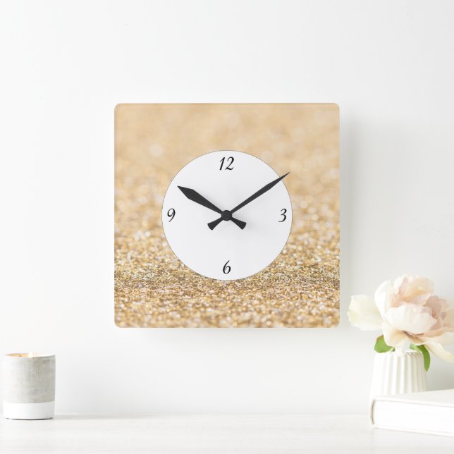 Champagne gold glitter sparkles with numbers square wall clock (Home)