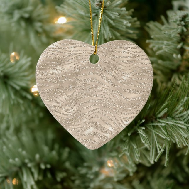 Champagne Gold Glitzy Glitter Zebra Print Ceramic Ornament (Tree)