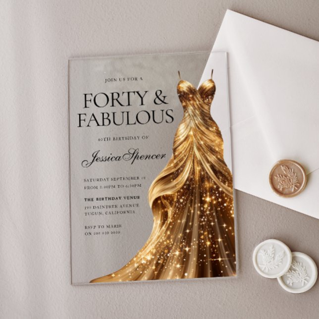 Champagne Gold Gown Forty & Fabulous 40th Birthday Acrylic Invitations (Creator Uploaded)