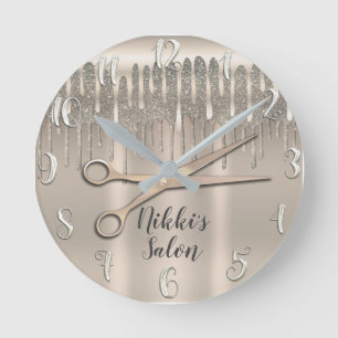 Champagne Gold Hair Stylist Diamond Glitter Drip Round Clock