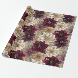 Champagne Gold Lace Snowflakes on Burgundy Wrapping Paper