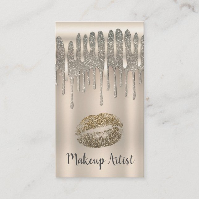 Champagne Gold Lips Kiss Diamond Glitter Drip Business Card (Front)