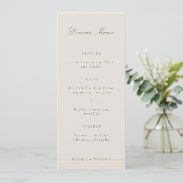 Champagne Gold Modern Minimalist Elegant Menu Card (Standing Front)