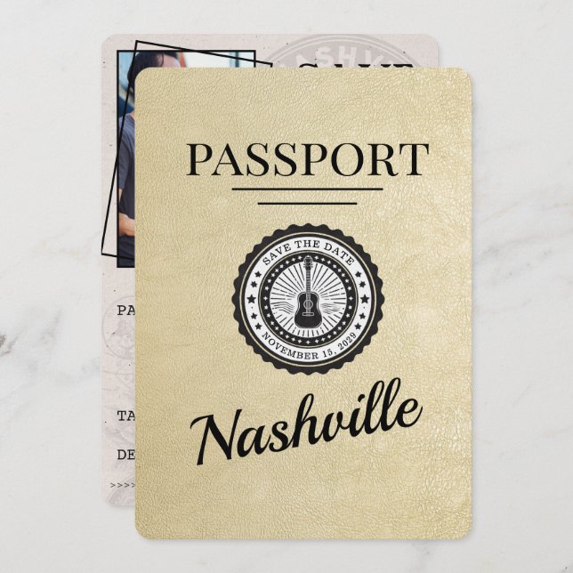 Champagne Gold Nashville Passport Save The Date (Front/Back)