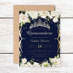 Champagne Gold Navy Floral Scroll Quinceanera