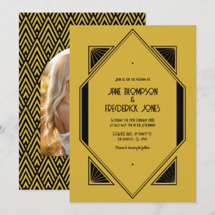 Champagne Gold & Noir Art Deco Wedding Photo Invitation