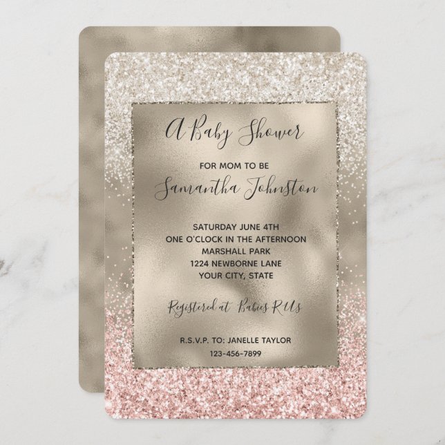 Champagne Gold Pink White Glitzy Glitter Invitation (Front/Back)