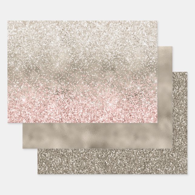 Champagne Gold Pink White Glitzy Glitter Wrapping Paper Sheet (Set)