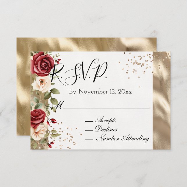 Champagne Gold Red Cream Roses Wedding Enclosure Card (Front/Back)