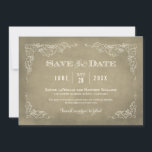Champagne Gold Vintage Vineyard Rustic Wedding Save The Date<br><div class="desc">This formal wedding save the date announcement card with a vintage wine label style design.  Rustic hand-drawn sketches of grapevine leaves frame the important details.  A simple flourished monogram appears on the reverse side.  Neutral champagne gold / tan and ivory colour scheme.</div>