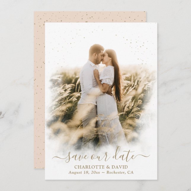 Champagne Gold Wedding Photo Save Our Date Card (Front/Back)
