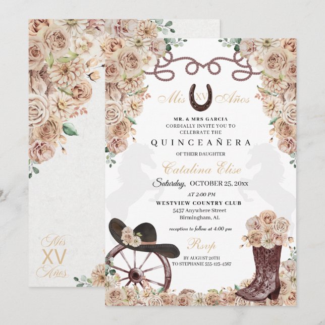Champagne Gold Western Charro Boots Quinceanera Invitation (Front/Back)