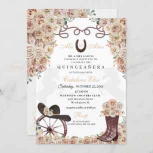 Champagne Gold Western Charro Boots Quinceanera Invitation