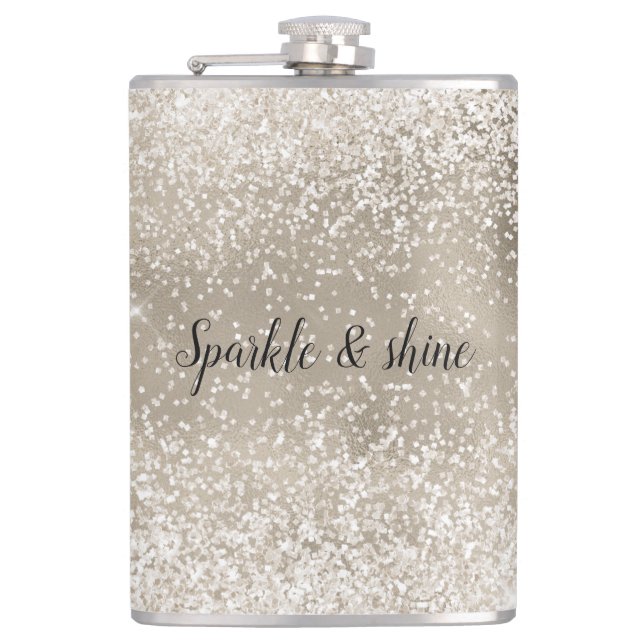 Champagne Gold White Glitzy Glitter Hip Flask (Front)