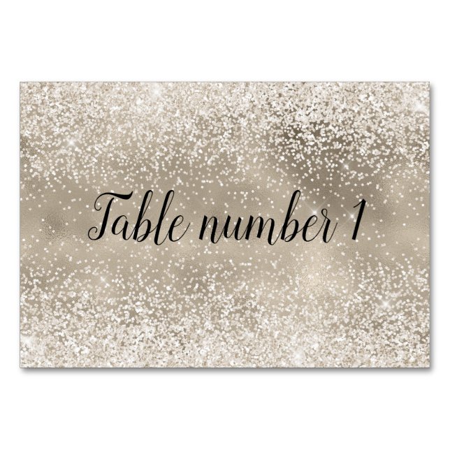 Champagne Gold White Glitzy Glitter Table Number (Front)