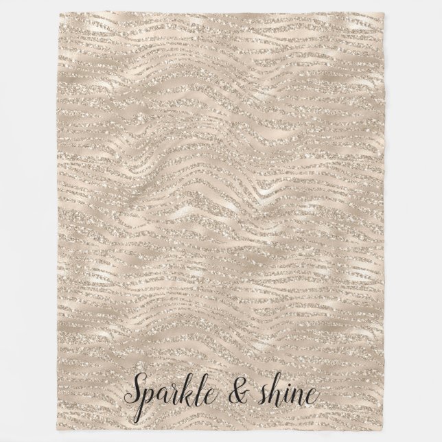 Champagne Gold White Glitzy Glitter Zebra Print Fleece Blanket (Front)