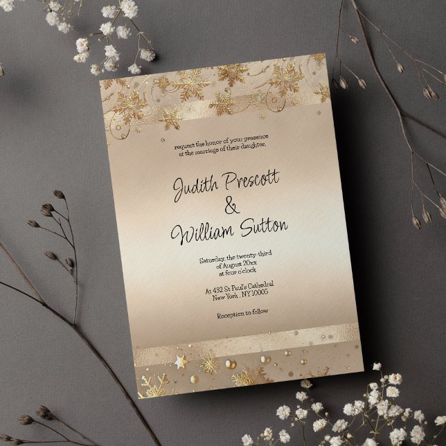 Champagne Golden Snowflakes Luxury Wedding  Invitation (Champagne Golden Snowflakes Luxury Wedding)