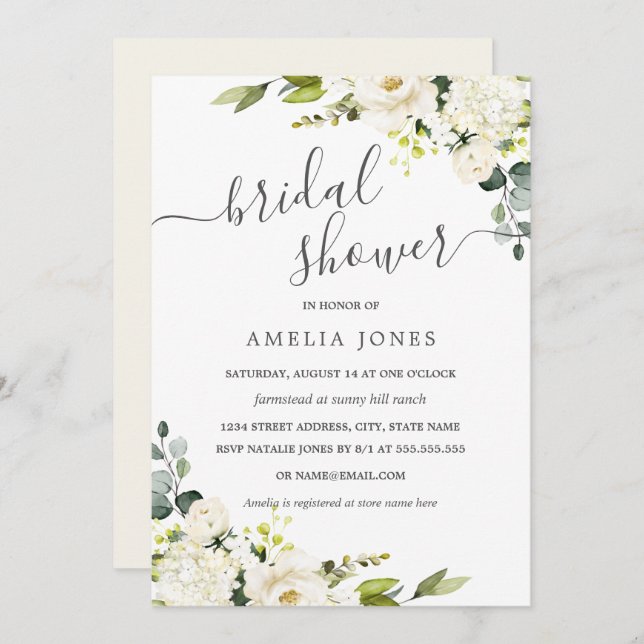 Champagne Green Watercolor Floral Bridal Shower Invitation (Front/Back)