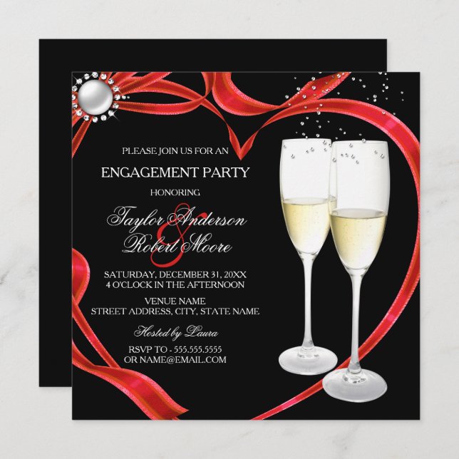 Champagne & Heart Engagement Black Silver red Invitation (Front/Back)