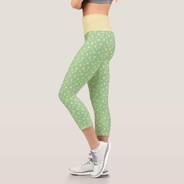 Champagne Heart Shaped Leaf Pattern Over Green Capri Leggings (Left)