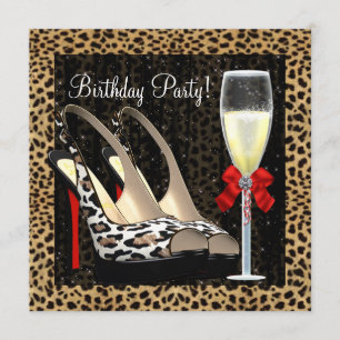 Champagne High Heel Shoes Leopard Birthday Invitation