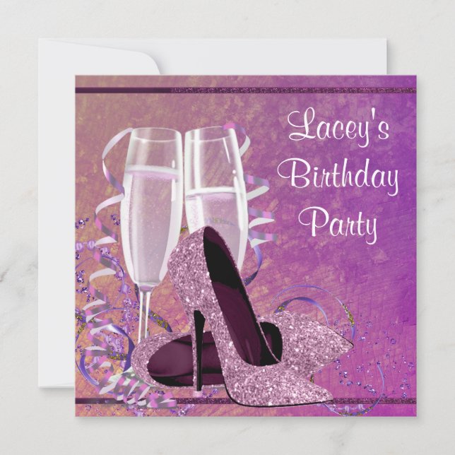 Champagne High Heel Womans Hot Pink Birthday Party Invitation (Front)