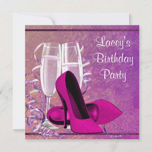Champagne High Heel Womans Hot Pink Birthday Party Invitation (Front)
