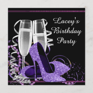 Champagne High Heel Womans Purple Birthday Party Invitation