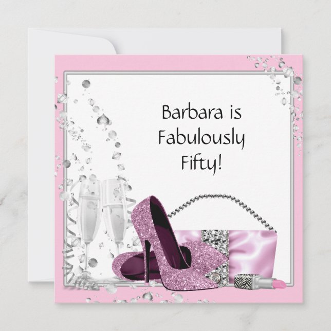Champagne High Heels Womans Pink & Black Birthday Invitation (Front)