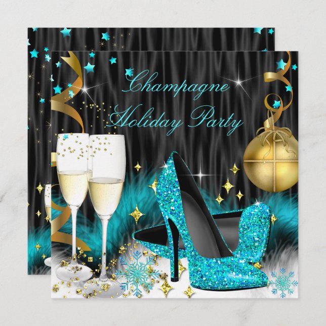 Champagne Holiday Party Teal Blue High Heels Invitation (Front/Back)
