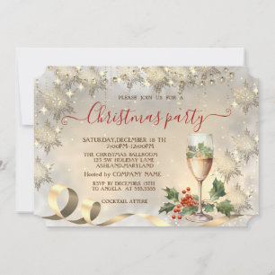 Champagne Holly Berry Gold Snowflakes Company Invitation