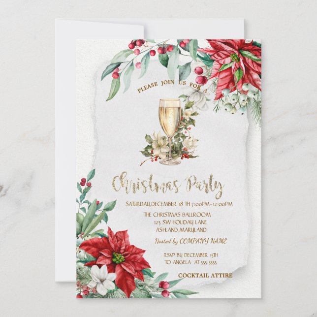 Champagne Holly Berry  Poinsettia Christmas  Invitation (Front)