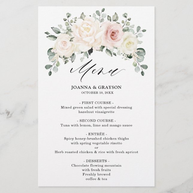 Champagne Ivory Blush Floral Greenery Wedding Menu (Front)