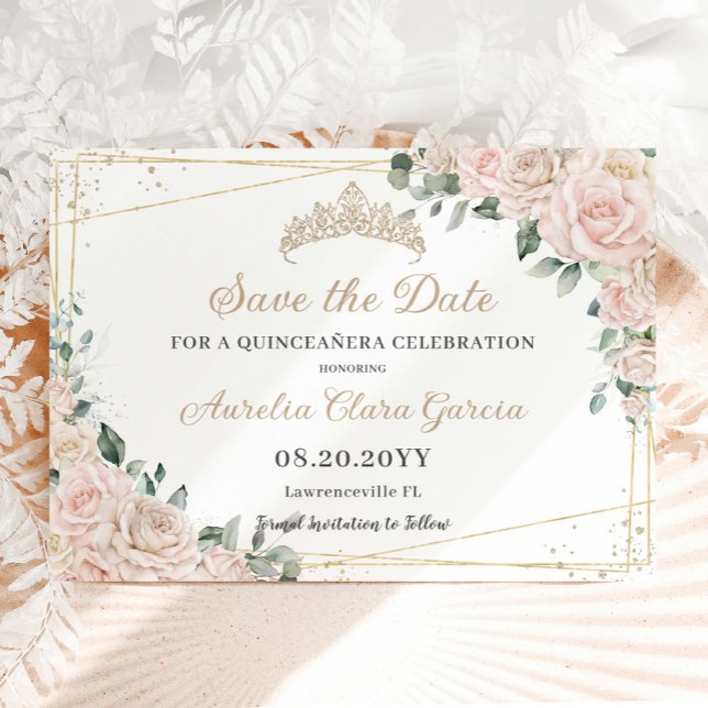 Champagne Ivory Blush Floral Quinceañera Sweet 16 Save The Date (Creator Uploaded)