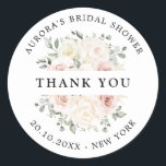 Champagne Ivory Blush Pink Bridal shower thank you Classic Round Sticker<br><div class="desc">Ivory floral bridal shower thank you sticker featuring elegant bouquet of peach , white , gold, champagne ivory, blush colour rose , ranunculus flower buds and sage green eucalyptus leaves and elegant watercolor bouquet. Please contact me for any help in customisation or if you need any other product with this...</div>