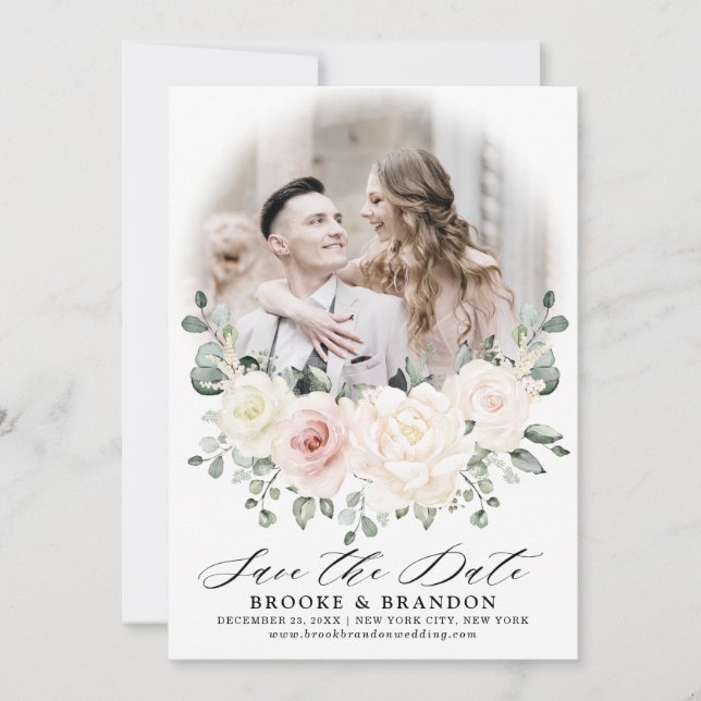 Champagne Ivory Blush Pink Floral Greenery Photo Save The Date (Front)