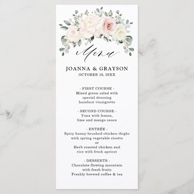 Champagne Ivory Blush Pink Floral Greenery Wedding Menu (Front)