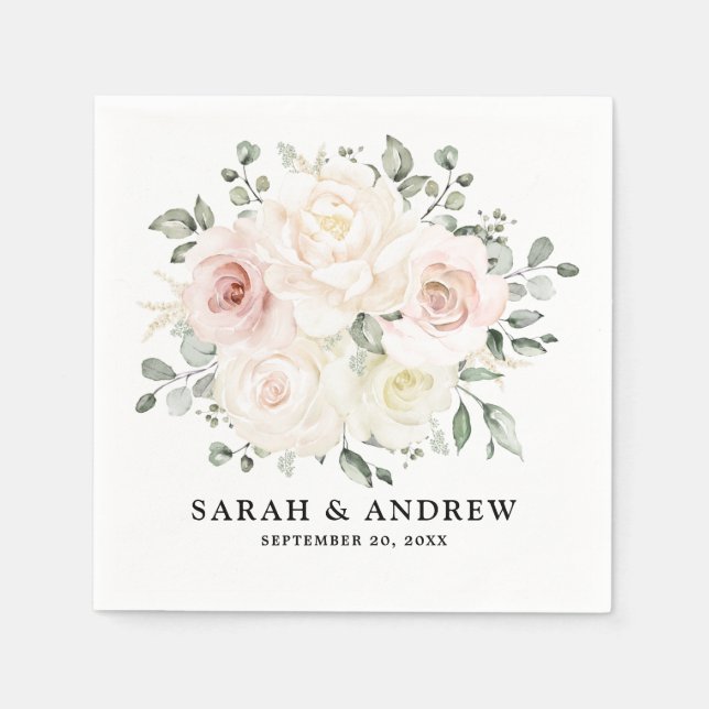 Champagne Ivory Blush Pink Floral Greenery Wedding Napkin (Front)