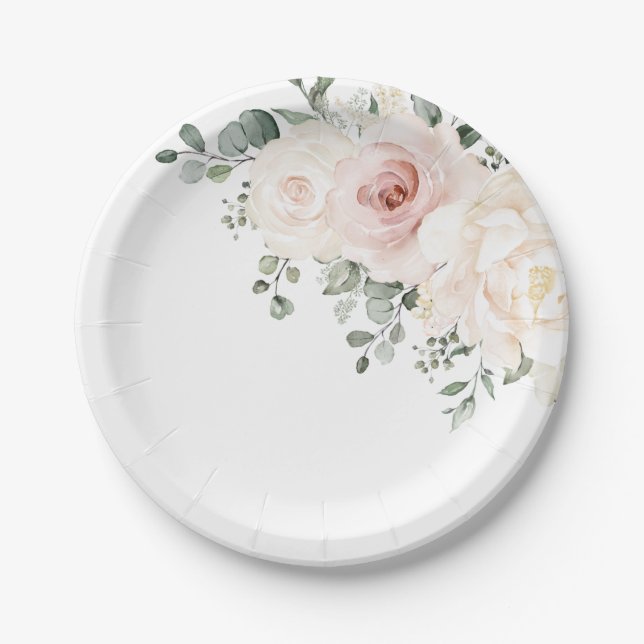 Champagne Ivory Blush Pink Floral Greenery Wedding Paper Plate (Front)