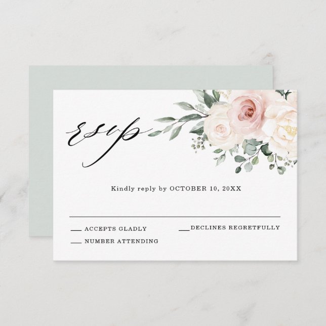 Champagne Ivory Blush Pink Floral Greenery Wedding RSVP Card (Front/Back)