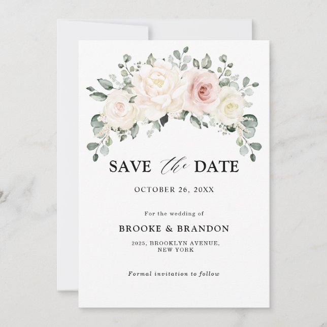 Champagne Ivory Blush Pink Floral Greenery Wedding Save The Date (Front)