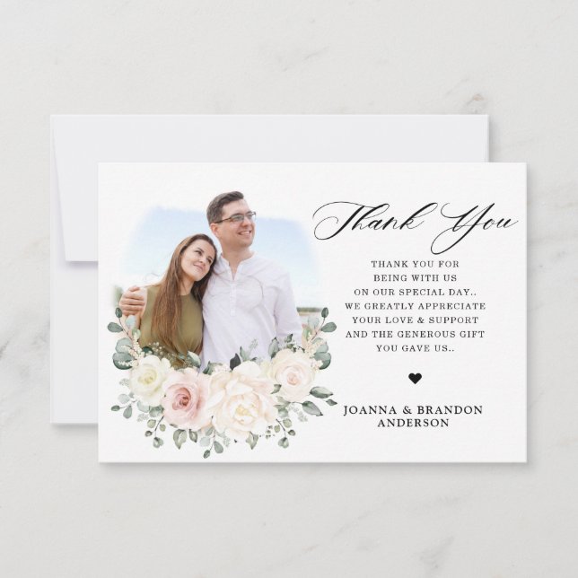 Champagne Ivory Blush Pink Floral Greenery Wedding Thank You Card (Front)