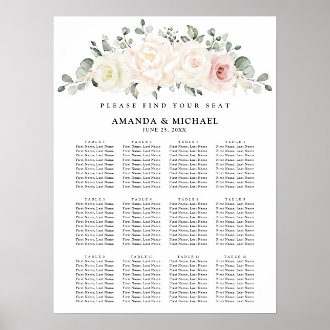 Champagne Ivory Blush Pink Floral  Seating chart (Front)