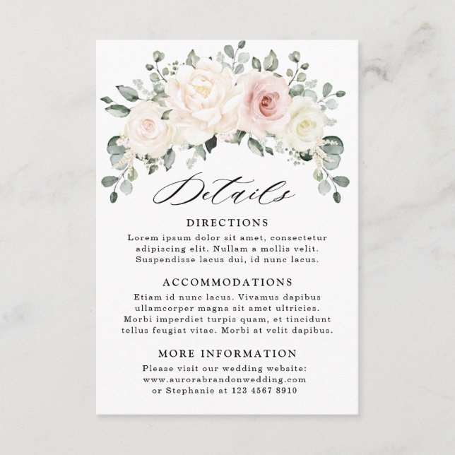 Champagne Ivory Blush Pink Floral Wedding Details Enclosure Card (Front)